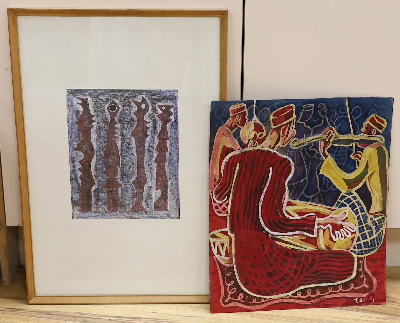 Teng, watercolour, African musicians, 45 x 38cm, unframed and a framed abstract mixed media